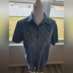 Bobbie Brooks Light Blue Denim Embroidered Floral & Hummingbird Button-Up Skirt